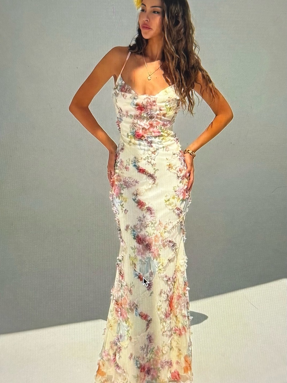 NWOT 3D Applique Floral Ivory Slip Mermaid Maxi Dress Spaghetti Straps Sz S